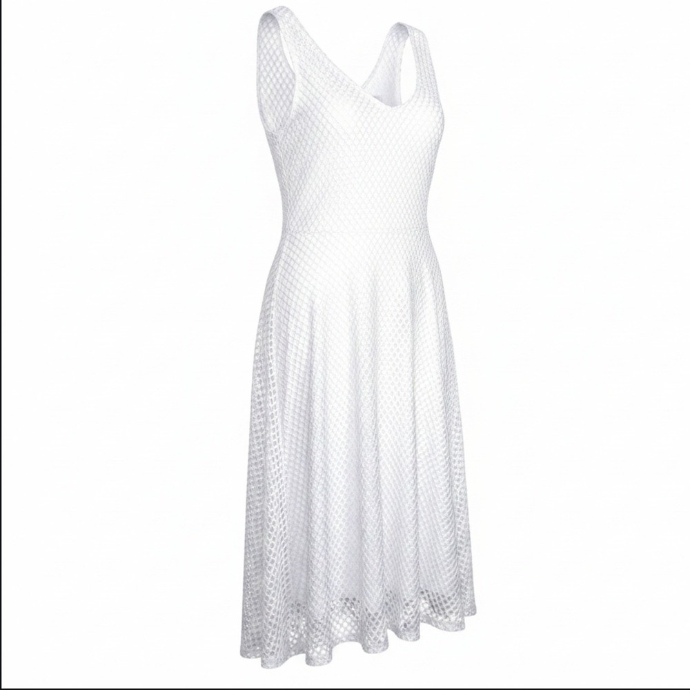 Slinky Brand Womens White Textured Mesh V-Neck Sleeveless A-Line Midi Dress L